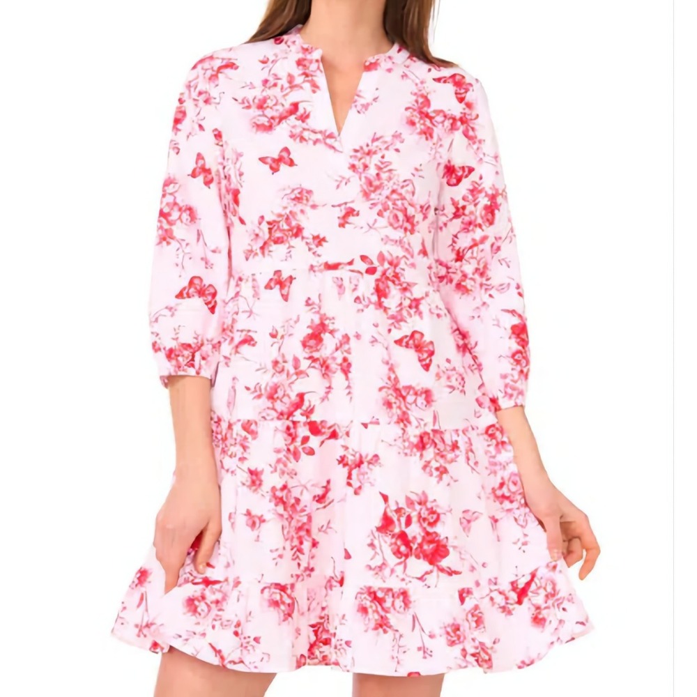 Sam & Jess Babydoll Printed Split Neck Pink Poppy Floral Dress Womens Size L NWT